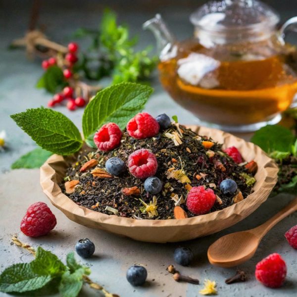 Infusion en vrac aux fruits rouges dans un bol en bois