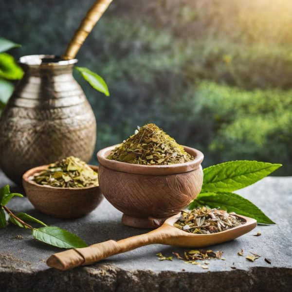 Maté en vrac dans un bol en bois avec une cuillère en vois qui contient du maté en vrac
