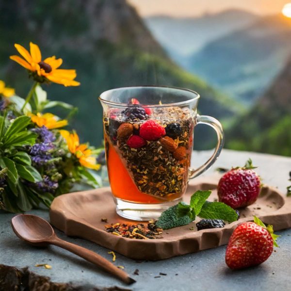 Tasse de thé au fruits rouge en train d'infusée