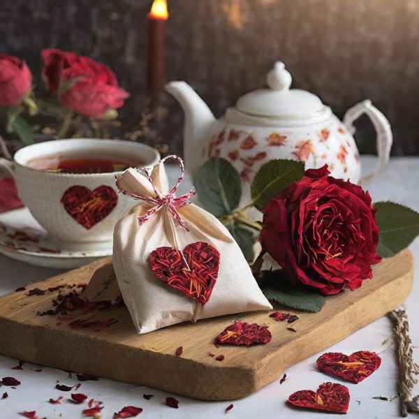 Sachet de thé en vrac sur le thème de la saint valentin, avec un service à thé, des petits coeurs et une rose pour une ambiance d'amour