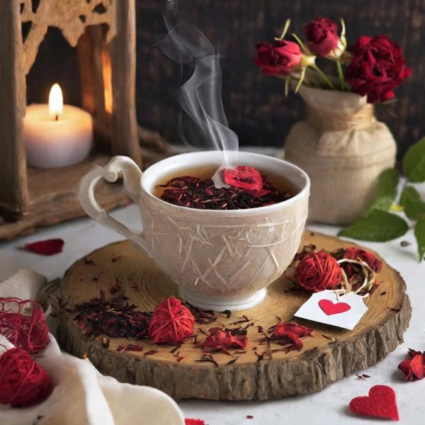 Tasse de thé aux fruits dans le thème de la saint-valentin, les couleurs rouge et roses ressortent pour le thème de l'amour, petit coeurs et ambiance romantique