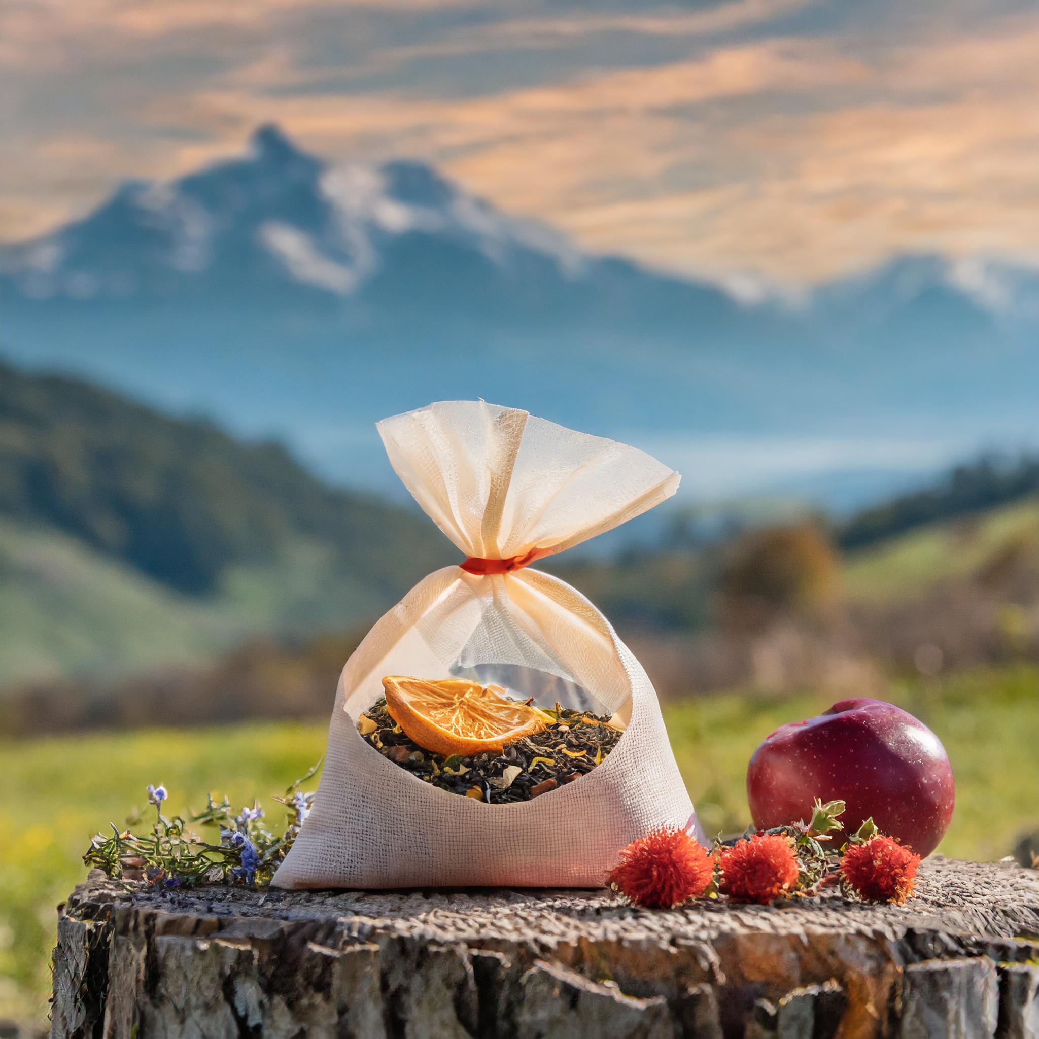 Sachet écologique contenant de l'infusion en vrac, posé sur un muret dans un paysage des montagnes suisse