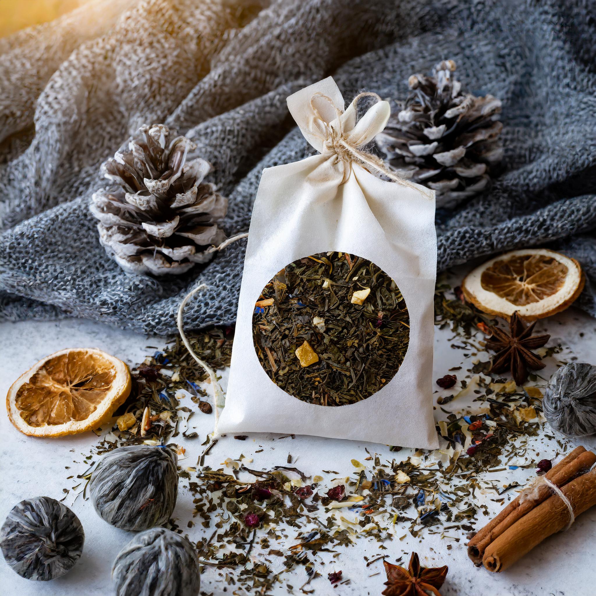 Let It Snow Tea Nathéra Sachet de thé de noël en vrac dans un sachet écologique, entouré de goût de noël comme les agrumes, la cannelle, les plantes