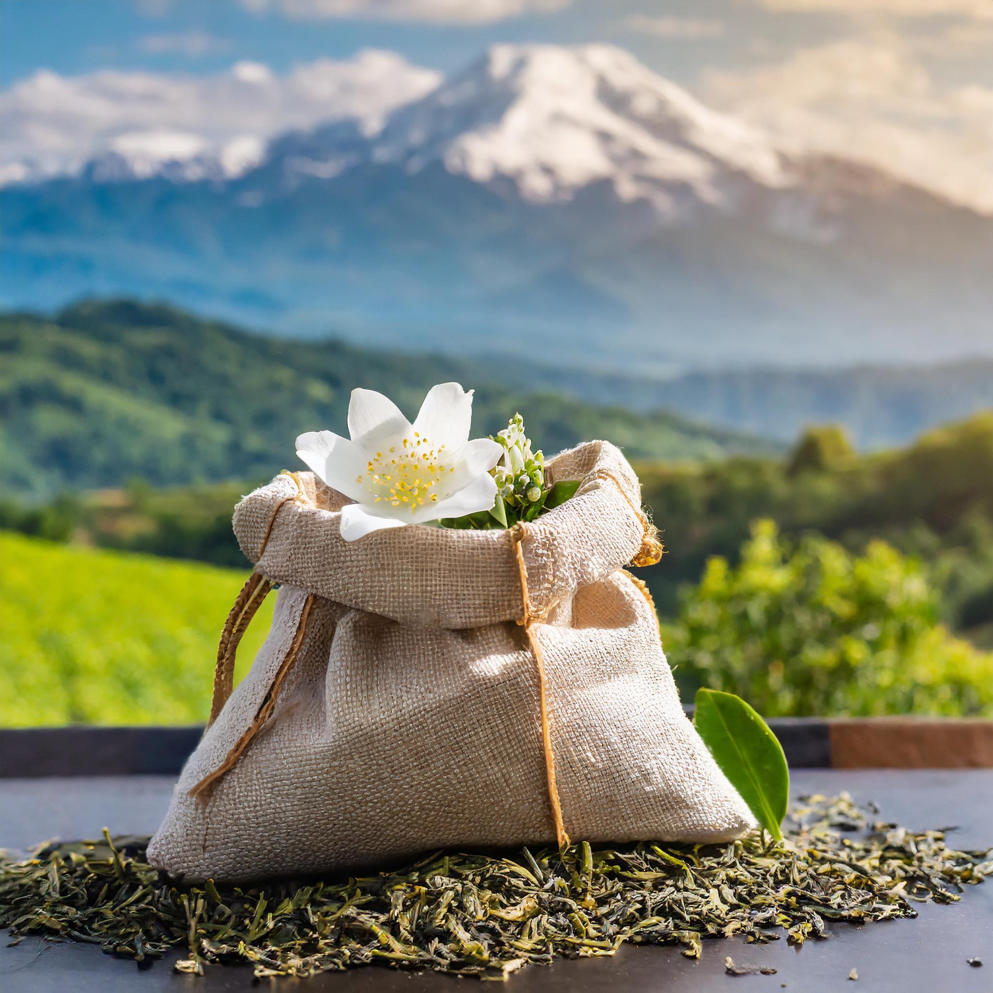 Sachet écologique contenant du thé blanc en vrac, posé sur un muret dans un paysage des montagnes suisse