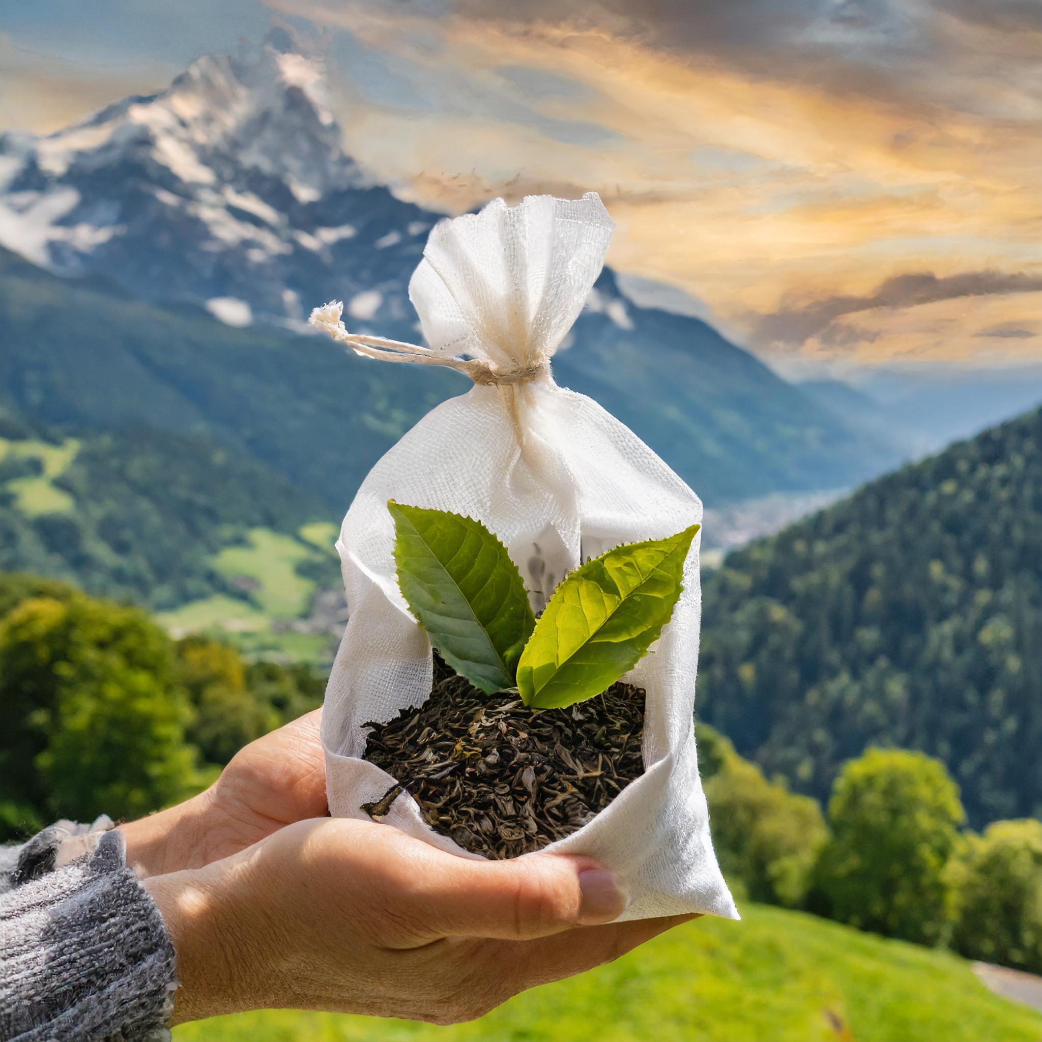 Sachet écologique contenant du thé détox en vrac, posé sur un muret dans un paysage des montagnes suisse