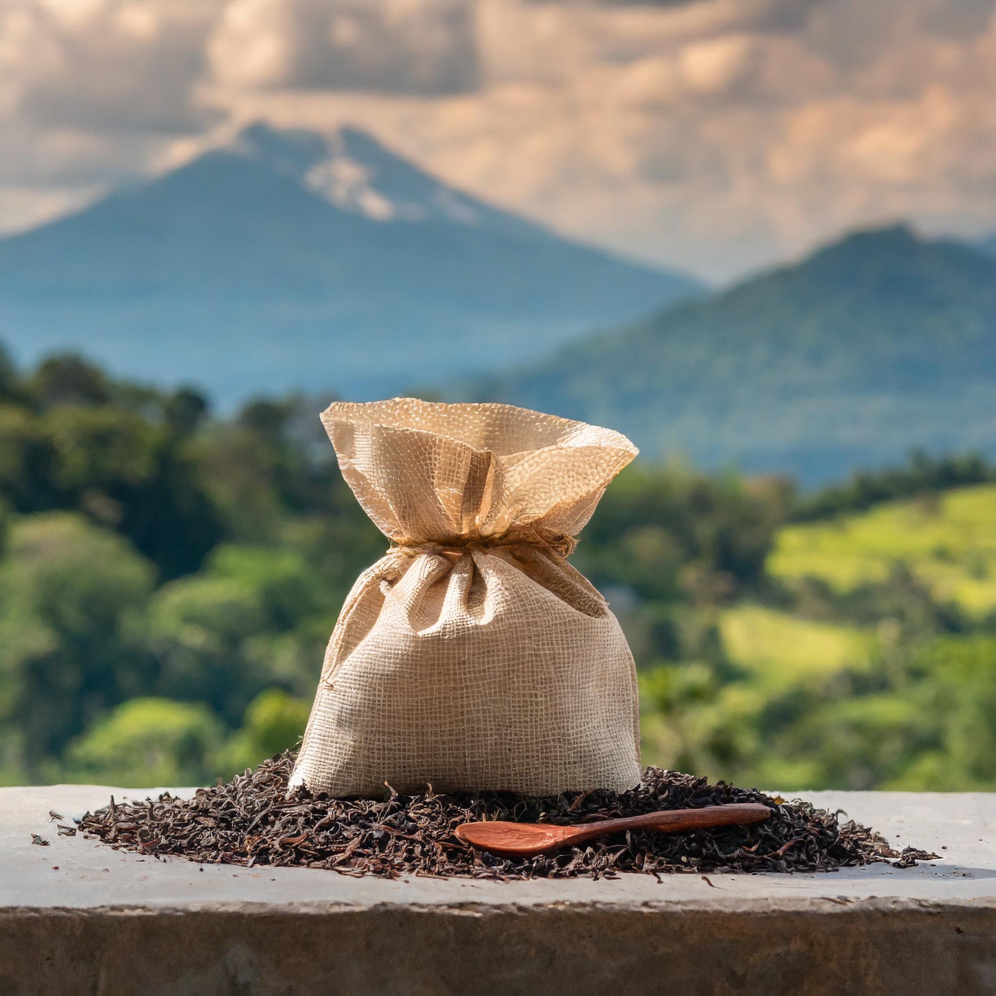 Sachet écologique contenant du thé noir en vrac, posé sur un muret dans un paysage des montagnes suisse