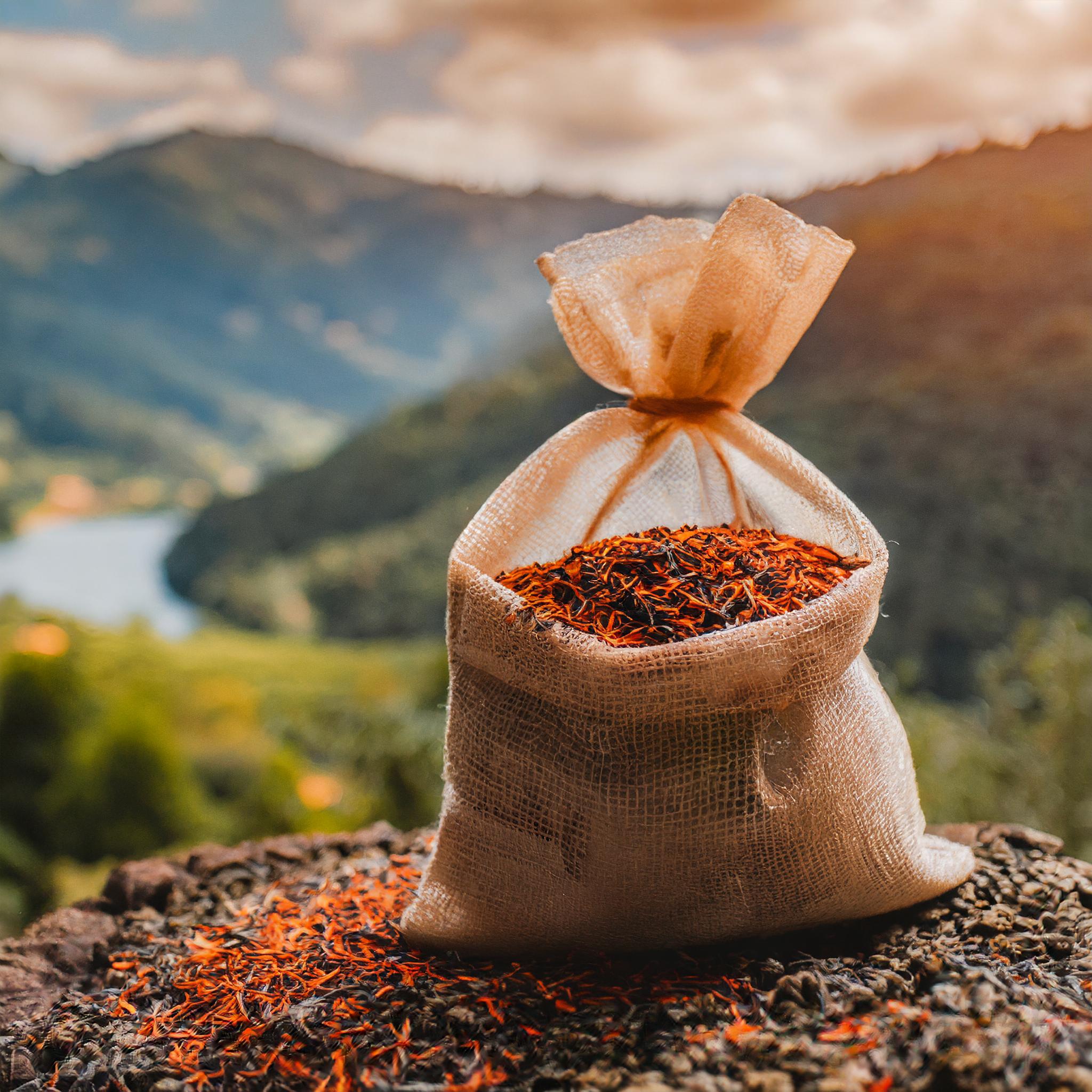 Sachet écologique contenant du thé roiboos en vrac, posé sur un muret dans un paysage des montagnes suisse
