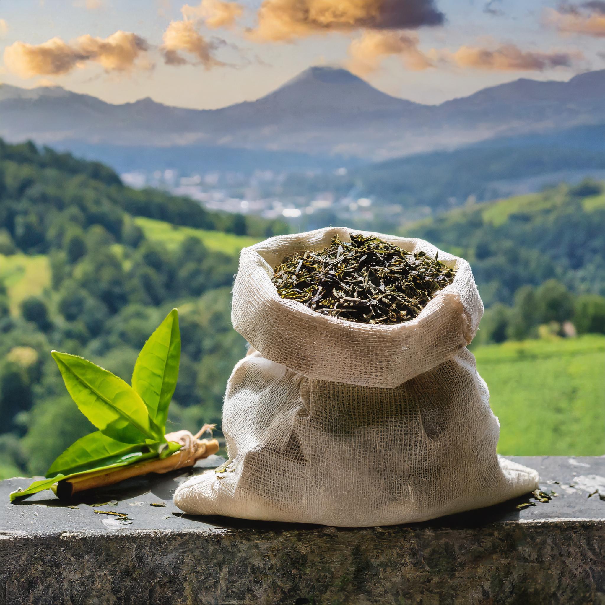 Sachet écologique contenant du thé vert en vrac, posé sur un muret dans un paysage des montagnes suisse