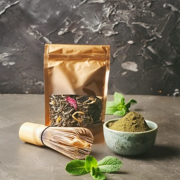Thé vert matcha en vrac dans un bol
